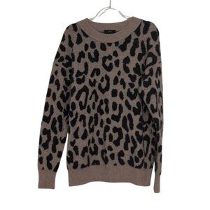 J Crew Leopard Sweater Womens Size Medium Beige Merino Wool Blend Crew Neck
